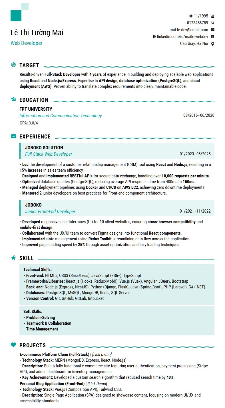 Mẫu CV IT tiếng Anh - Web Developer