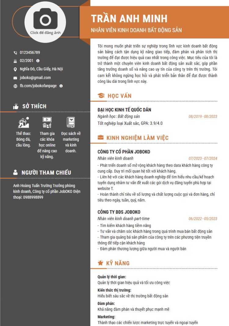 Mẫu CV Nhân Viên Kinh Doanh Bất Động Sản