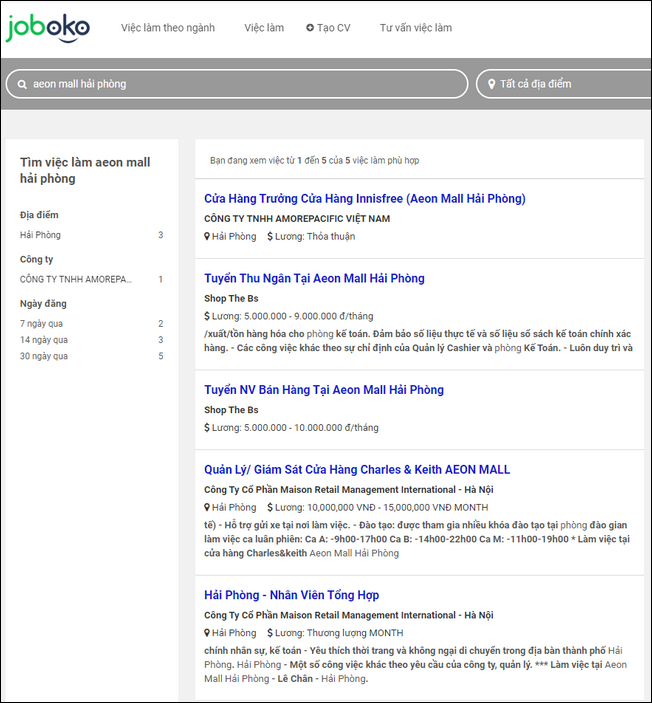 viec lam aeon mall hai phong