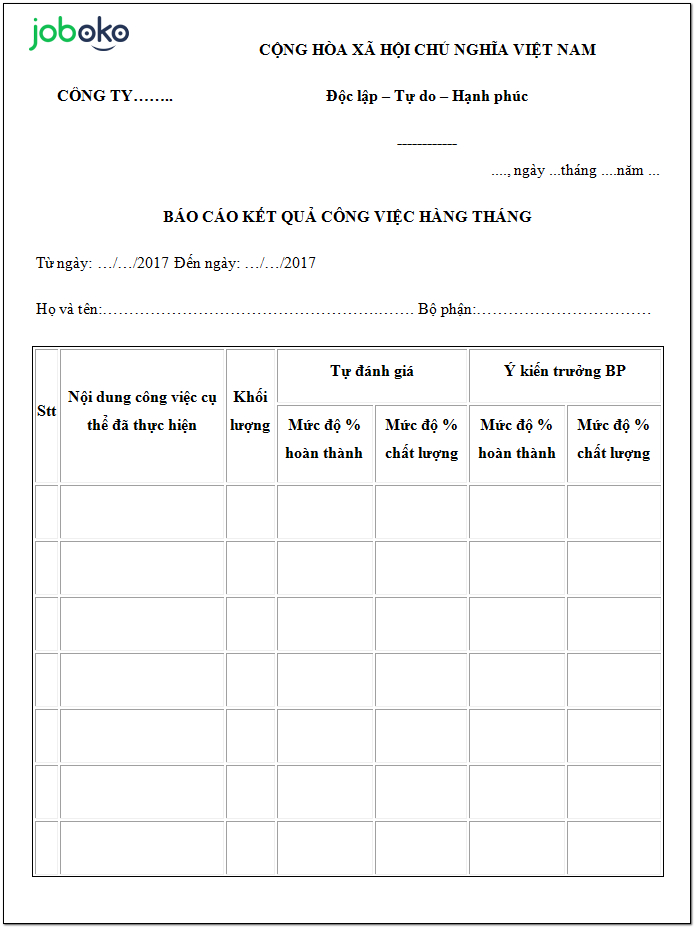 Mau bao cao cong viec theo thang tuan ngay