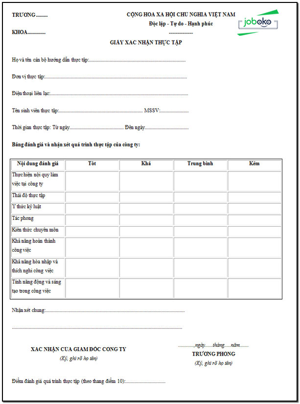 mau nhan xet danh gia thuc tap 4