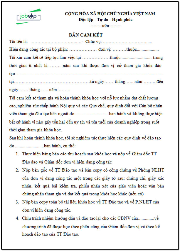 mau ban cam ket sau dao tao 3