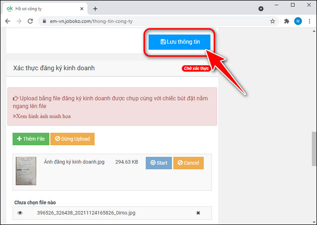 Upload dang ky kinh doanh de xac thuc tai khoan tren JOBOKO